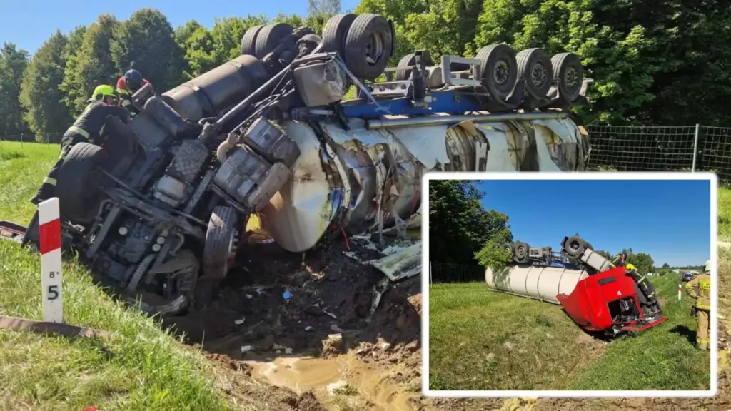 Ciężarówka w rowie na DK51. Ruch wahadłowy między Spręcowem a klasztorem Karmelitanek