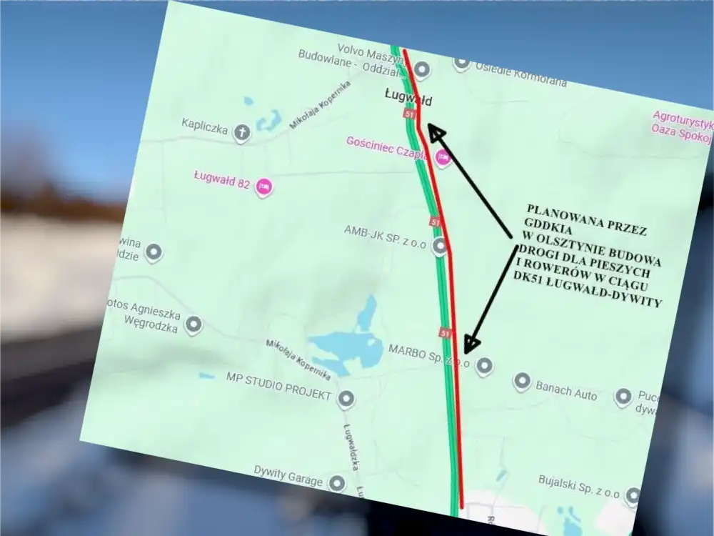 Powstanie ścieżka pieszo-rowerowa wzdłuż DK51. Dywity–Ługwałd coraz bliżej bezpiecznego połączenia