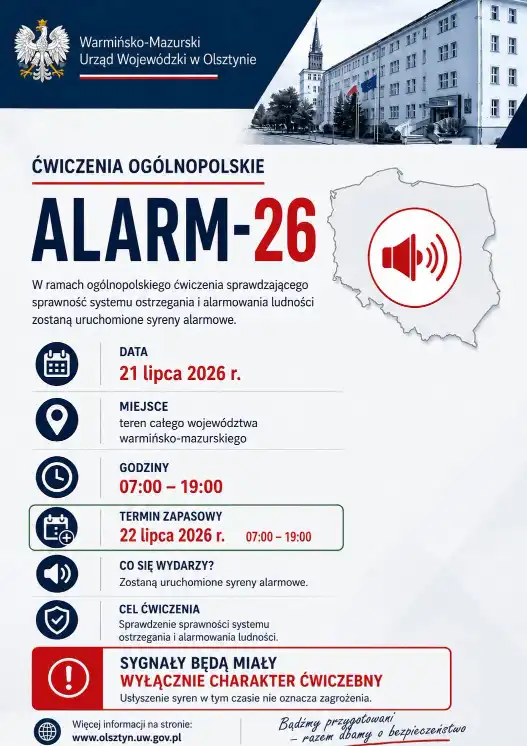 Uwaga mieszkańcy Warmii i Mazur! We wtorek zabrzmią syreny alarmowe w ramach ćwiczeń „ALARM-26”