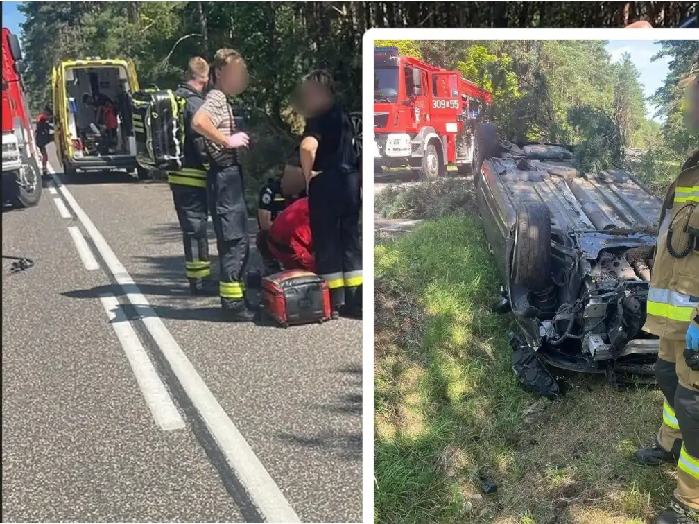 Groźne dachowanie na DK58 koło Olsztynka. Trzy osoby w szpitalu po nieudanym wyprzedzaniu